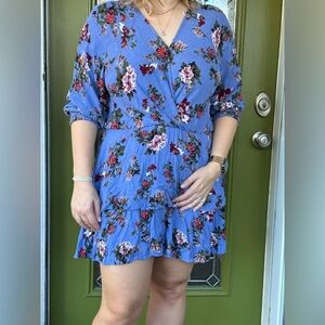 Umgee Large Lilac Blue Floral 3/4 Sleeve Short Mini Dress Layered Ruffles